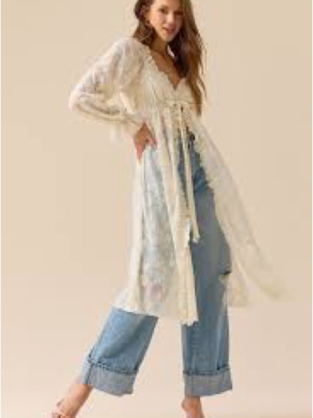 Altar’s State Sheer Ivory Lace Longline Tie Front Duster Kimono NWT - Picture 2 of 9